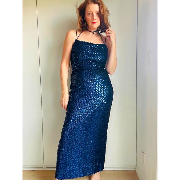 Vintage 80s Full Sequin Gown Size Medium Blue Full Length Fitted Party Made USA - Picture 6 of 9